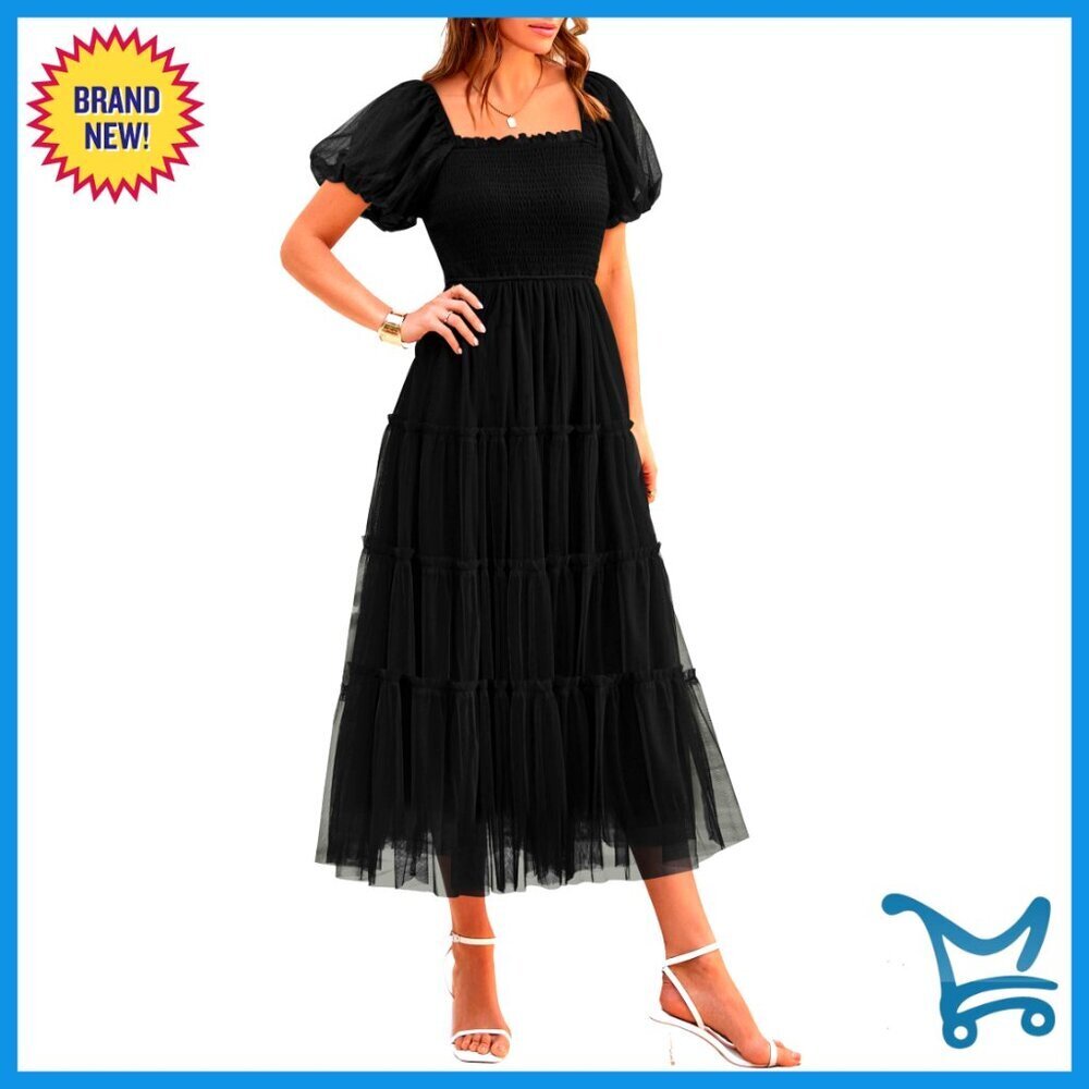 Smocked Midi Tulle Dress Puffy Sleeves Square Neck Tiered Ruffle Elegant